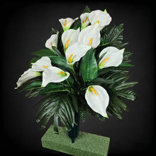 Load image into Gallery viewer, This cemetery cone has grave flowers including cream calla lily. It is a funeral or memorial decoration. (Copy)