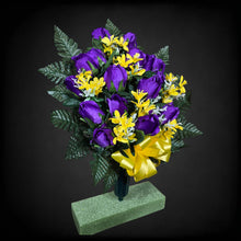 Load image into Gallery viewer, This cemetery cone has grave flowers including elegant purple rosebuds and yellow tweedia. It is a funeral or memorial decoration.