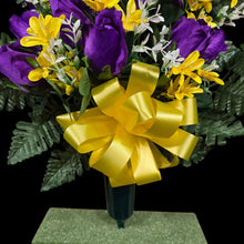 Load image into Gallery viewer, This cemetery cone has grave flowers including elegant purple rosebuds and yellow tweedia. It is a funeral or memorial decoration.