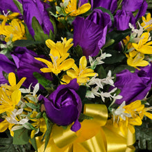Load image into Gallery viewer, This cemetery cone has grave flowers including elegant purple rosebuds and yellow tweedia. It is a funeral or memorial decoration.