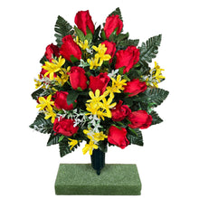Load image into Gallery viewer, This cemetery cone has grave flowers including elegant red rosebuds and yellow tweedia. It is a funeral or memorial decoration.