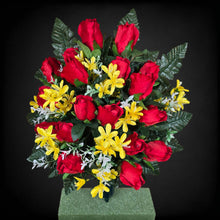 Load image into Gallery viewer, This cemetery cone has grave flowers including elegant red rosebuds and yellow tweedia. It is a funeral or memorial decoration.