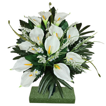 Load image into Gallery viewer, This cemetery cone has grave flowers including cream calla lily and white filler flowers. It is a funeral or memorial decoration.
