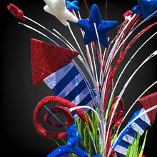 Load image into Gallery viewer, This patriotic cemetery cone memorial decoration has grave flowers including red geranium and red, white, and blue stars & fireworks.
