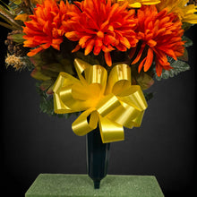 Load image into Gallery viewer, A cemetery cone with grave flowers including sunflower, mum, pumpkin, and wheat. This is a memorial decoration or flowers for funeral. (Copy)