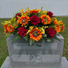 Load image into Gallery viewer, This Headstone Saddle is made with grave flowers including Orange Sunflowers and Burgandy Mums. It's a summer or fall memorial decoration.