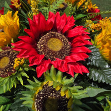 Load image into Gallery viewer, This Headstone Saddle is made with grave flowers including Yellow and Red Sunflowers. It's a summer or fall memorial decoration.