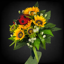 Load image into Gallery viewer, A cemetery cone with grave flowers including yellow sunflowers and a ladybug. This is a memorial decoration or flowers for funeral.