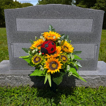 Load image into Gallery viewer, A cemetery cone with grave flowers including yellow sunflowers and a ladybug. This is a memorial decoration or flowers for funeral.
