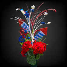 Load image into Gallery viewer, This patriotic cemetery cone memorial decoration has grave flowers including red geranium and red, white, and blue stars & fireworks.