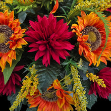 Load image into Gallery viewer, This Headstone Saddle is made with grave flowers including Orange Sunflowers and Burgandy Mums. It's a summer or fall memorial decoration.