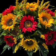 Load image into Gallery viewer, This Headstone Saddle is made with grave flowers including Yellow and Red Sunflowers. It's a summer or fall memorial decoration.