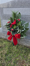 Load image into Gallery viewer, Christmas cemetery vase memorial decoration with berries, holly, and pine.