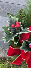 Load image into Gallery viewer, Christmas cemetery vase memorial decoration with berries, holly, and pine.