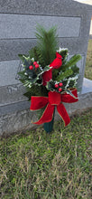Load image into Gallery viewer, Christmas cemetery vase memorial decoration with berries, holly, and pine.