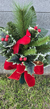 Load image into Gallery viewer, Christmas cemetery vase memorial decoration with berries, holly, and pine.