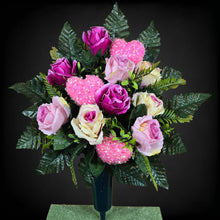 Load image into Gallery viewer, Elegant Mix of Pink and Cream Roses with Shimmering Love Hearts Cemetery Cone Memorial Decoration
