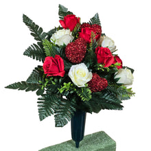 Load image into Gallery viewer, Elegant Red and Cream Roses with Shimmering Love Hearts Cemetery Cone Memorial Decoration