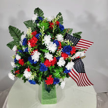 Load image into Gallery viewer, Patriotic Red White &amp; Blue Memorial Decoration with mini mum grave flowers for cemetery cone, funeral, or grave. 180 degrees
