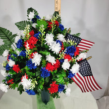 Load image into Gallery viewer, Patriotic Red White &amp; Blue Memorial Decoration with mini mum grave flowers for cemetery cone, funeral, or grave. 180 degrees
