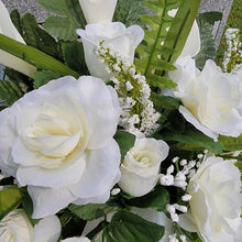 Load image into Gallery viewer, This headstone saddle and single cemetery cone set has silk grave flowers including Cream Calla Lilies and Roses
