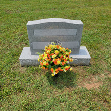 Load image into Gallery viewer, This jumbo cemetery cone has grave flowers including orange and yellow mini mums. It is perfect for a funeral or cemetery decoration.
