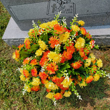 Load image into Gallery viewer, This jumbo cemetery cone has grave flowers including orange and yellow mini mums. It is perfect for a funeral or cemetery decoration.
