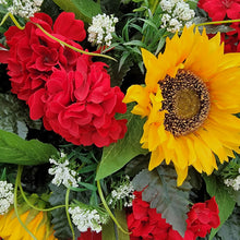 Load image into Gallery viewer, This Headstone Saddle is made with grave flowers including sunflowers and geraniums. It&#39;s a memorial decoration..
