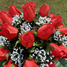 Load image into Gallery viewer, Red Open Rose Baby Saddle With Gypso  - Cemetary Flowers for Headstone - Gravesite Floral Arrangement
