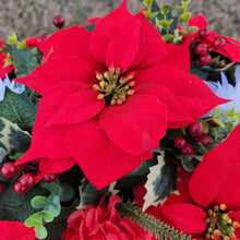 Load image into Gallery viewer, This Headstone Saddle is made with grave flowers including Red and White Poinsettia. It is a perfect winter memorial decoration.
