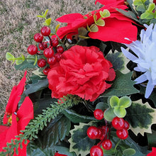 Load image into Gallery viewer, This Headstone Saddle is made with grave flowers including Red and White Poinsettia. It is a perfect winter memorial decoration.
