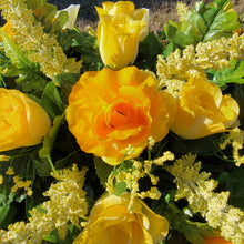 Load image into Gallery viewer, Yellow Rose &amp; Calla Lily Memorial Decoration set: includes 1 headstone saddle &amp; 2 cemetery cones
