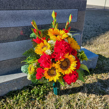 Load image into Gallery viewer, Sunflower memorial decoration with faux floral silk geranium grave flowers for cemetery, funeral, or grave decorations.
