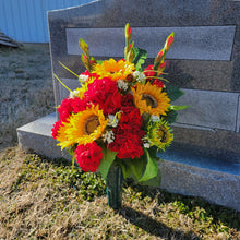 Load image into Gallery viewer, Sunflower memorial decoration with faux floral silk geranium grave flowers for cemetery, funeral, or grave decorations.
