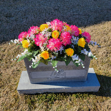 Load image into Gallery viewer, Headstone Saddle with Pink Ball Mums, Yellow Roses, and Cream Larkspur grave flowers for cemetery and memorial decorating.
