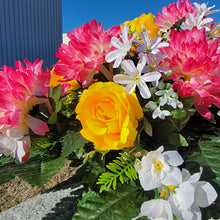 Load image into Gallery viewer, Headstone Saddle with Pink Ball Mums, Yellow Roses, and Cream Larkspur grave flowers for cemetery and memorial decorating.
