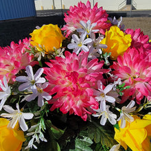 Load image into Gallery viewer, Headstone Saddle with Pink Ball Mums, Yellow Roses, and Cream Larkspur grave flowers for cemetery and memorial decorating.
