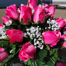 Load image into Gallery viewer, Headstone saddle with pink rosebud grave flowers. It is a funeral, cemetery, or memorial decoration.
