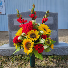 Load image into Gallery viewer, A 360 degree Sunflower memorial decoration grave flowers with faux floral silk geranium flowers for cemetery
