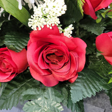 Load image into Gallery viewer, A headstone saddle with red roses and cream mum grave flowers for cemetery, funeral, and memorial decorations.
