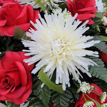 Load image into Gallery viewer, A headstone saddle with red roses and cream mum grave flowers for cemetery, funeral, and memorial decorations.
