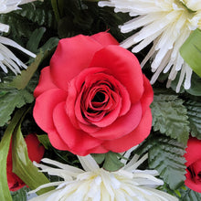 Load image into Gallery viewer, A headstone saddle with red roses and cream mum grave flowers for cemetery, funeral, and memorial decorations.
