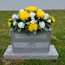 Load image into Gallery viewer, A headstone saddle with cream roses and yellow mum grave flowers for cemetery, funeral, and memorial decorations.
