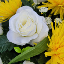 Load image into Gallery viewer, A headstone saddle with cream roses and yellow mum grave flowers for cemetery, funeral, and memorial decorations.
