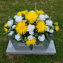 Load image into Gallery viewer, A headstone saddle with cream roses and yellow mum grave flowers for cemetery, funeral, and memorial decorations.
