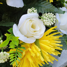 Load image into Gallery viewer, A headstone saddle with cream roses and yellow mum grave flowers for cemetery, funeral, and memorial decorations.
