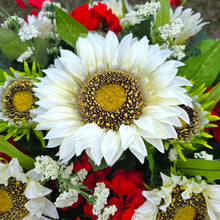 Load image into Gallery viewer, This Headstone Saddle is made with grave flowers including cream sunflowers and red geraniums. It's a memorial decoration.. (Copy)

