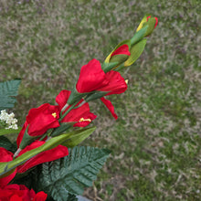 Load image into Gallery viewer, This Headstone Saddle is made with grave flowers including cream sunflowers and red geraniums. It's a memorial decoration.. (Copy)
