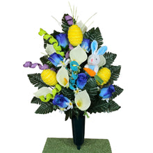 Load image into Gallery viewer, Easter Memorial Decoration Blue Rosebud and Cream Calla Lily with Yellow Easter Eggs, a Blue Bunny, &amp; Jewel Tone Pastel Accents Cemetery Cone (Copy)
