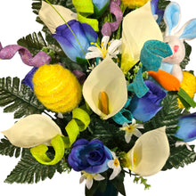 Load image into Gallery viewer, Easter Memorial Decoration Blue Rosebud and Cream Calla Lily with Yellow Easter Eggs, a Blue Bunny, &amp; Jewel Tone Pastel Accents Cemetery Cone (Copy)
